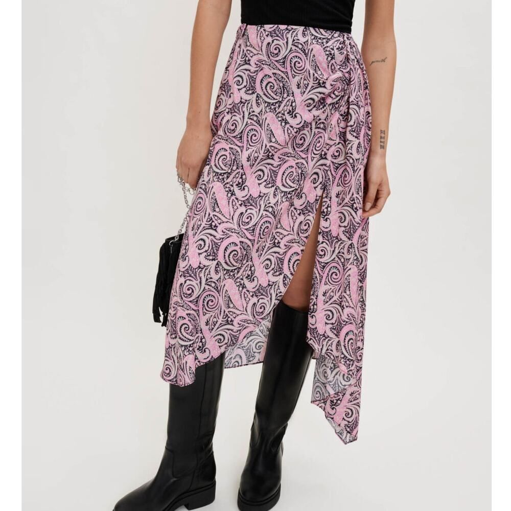 Maje Japollo Paisley Rose Printed Viscose Asymmetric Midi Skirt Slit Front Flowy